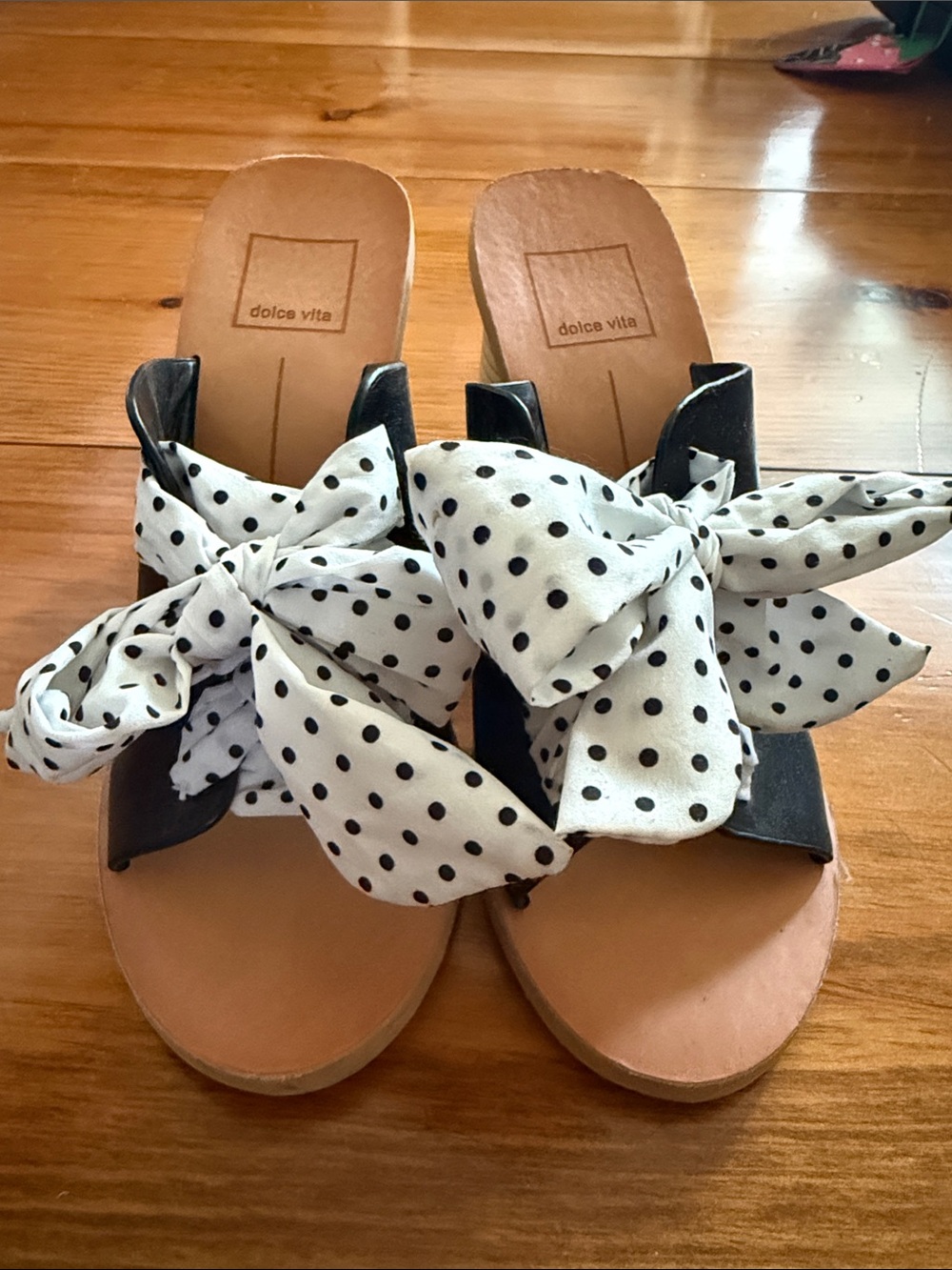 Dolce Vita Black Slide Sandals with Polka Dot Bow